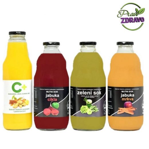 Prirodni sokovi Pravo Zdravo u četiri boce od 1l različitih boja , žuta , crvena,zelena i narančasta.